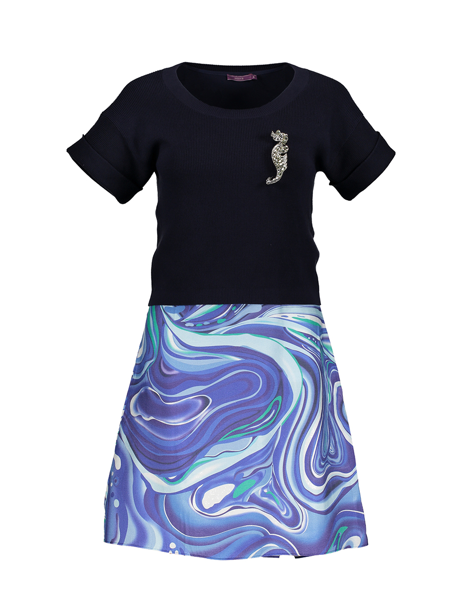 JESSICA 拼色抽象印花拼接短袖连衣裙