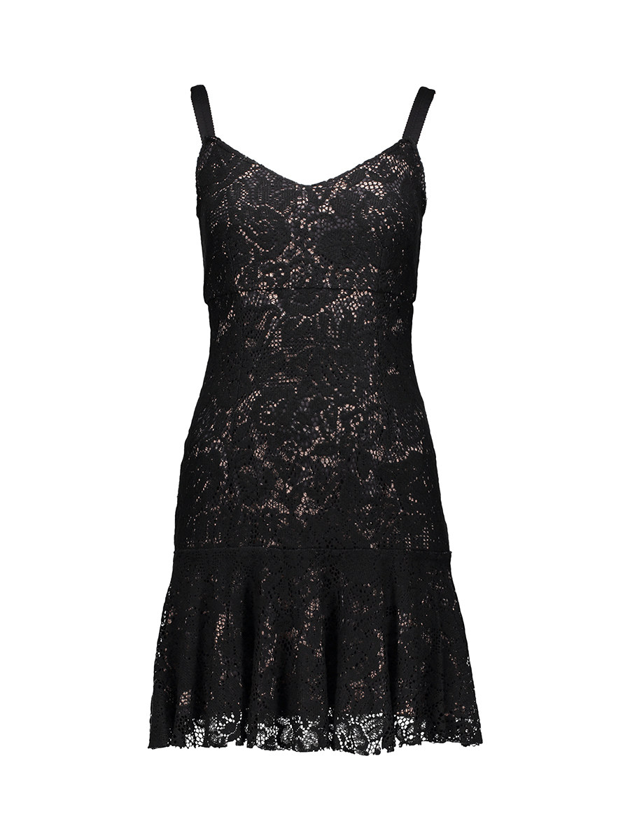 Dolce&Gabbana 黑色吊带V领短款蕾丝连衣裙