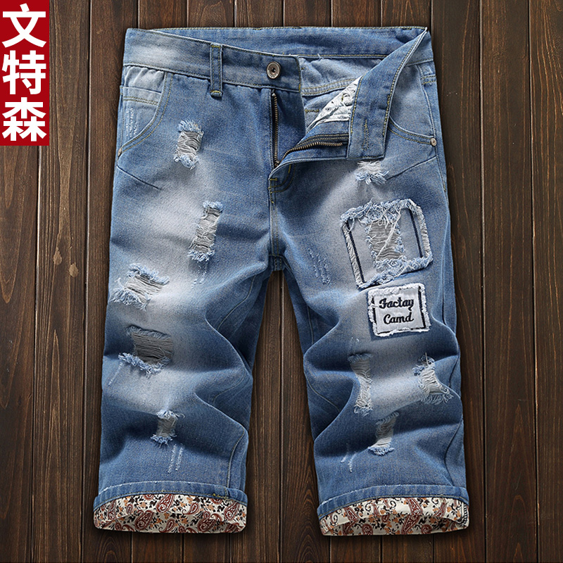 Vintson Summer Men's Han - style jeans Men's hole 7 - point jeans casual 7 - minute pants