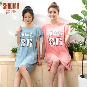 Shaqian đích thực mùa hè cô gái nightdress màu rắn thư knit bông thể thao và giải trí có thể mặc bat tay áo đầm