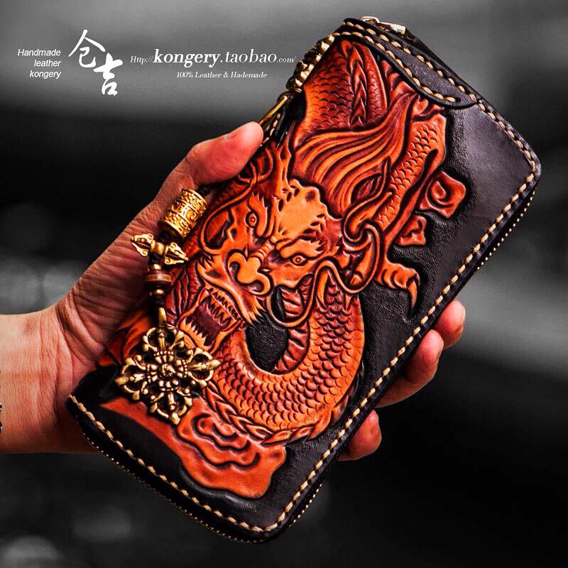 Kurayoshi handmade first layer vegetable tanned leather cowhide carved dragon wallet Men and women zipper long wallet domineering mobile phone bag