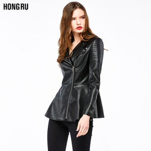 Hong Ru 2017 mùa xuân mới PU leather jacket da áo khoác nữ ve áo eo xù thời trang da nhỏ