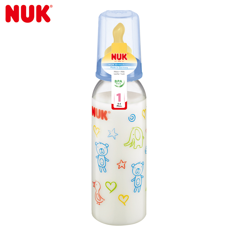 德国进口NUK新生儿标准口径PP彩色卡通奶瓶宝宝仿真硅胶奶嘴瓶