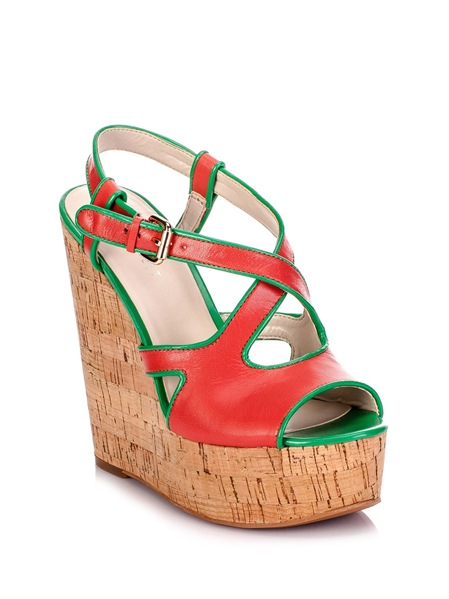 Nine West/玖熙 西瓜红交叉鞋面拼绿边坡跟鞋