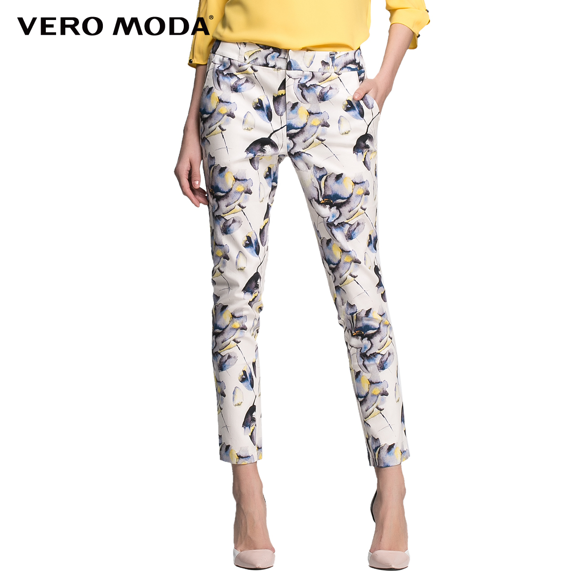 Vero Moda印花暗门襟小脚口修身休闲裤|315150012