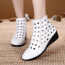 Spring Summer Hollowed-out Short Boots Genuine Leather Soft-bottom Cool Boots Woman Slope Heel Cave Woman Shoes Flat-bottomed Women Boots Single Boots Big Code Dancing Shoes