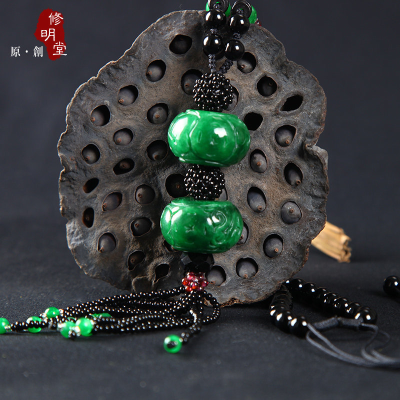 修明堂 包邮天然缅甸祖母绿干青玉干青种 鼓珠男女款项链男女吊坠