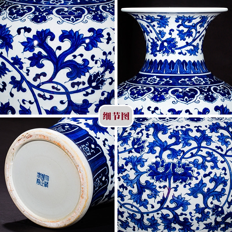 Large blue and white porcelain of jingdezhen ceramics of Large vases, flower arranging antique hand - made of branch lotus Chinese style living room furnishing articles