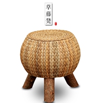Rattan small stool low stool home pastoral solid wood footrest Creative straw living room sofa stool retro small pier