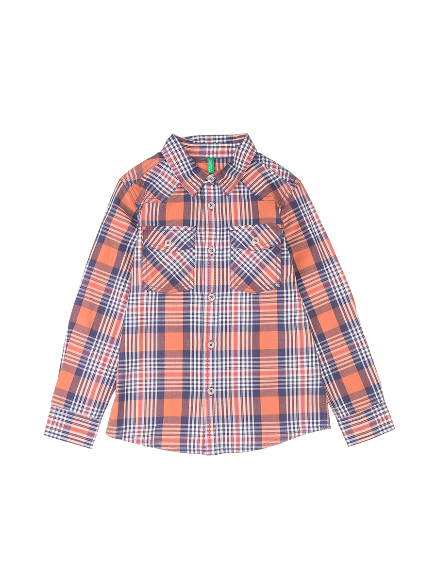Benetton/贝纳通 橘红拼蓝格纹印花男童衬衫