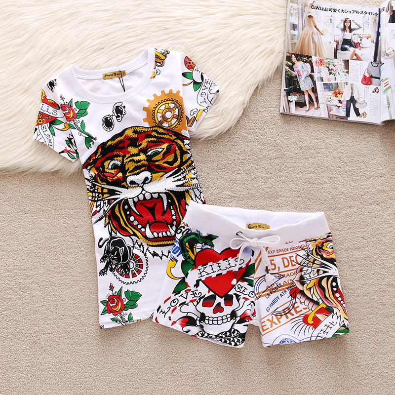2021 summer new women's clothing European and American trendy products tiger head hot drilling skull print short-sleeved T-shorts fashion suit