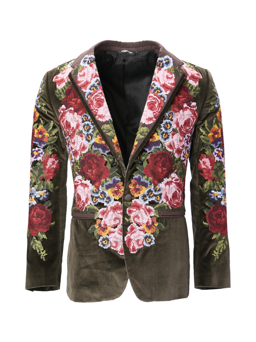 Dolce&Gabbana 橄榄绿色刺绣花朵饰绒面西装外套