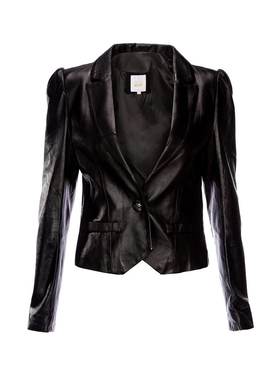 ALLLLLLLBRIGHT 黑色翻驳领一粒扣饰修身皮衣