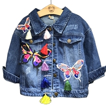 Middle and Child Han Edition Winter Spring and Autumn section Han version of childrens clothing Girls streaming Su button Cartoon Butterfly Embroidery Denim Jacket