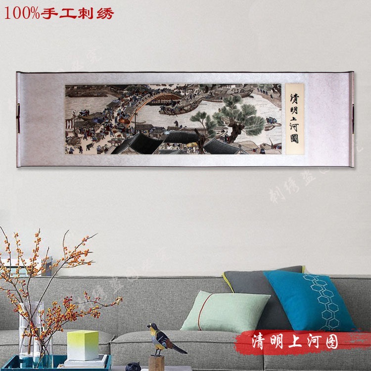 Ou Embroidery Qingming Shanghe Tu Chinese Painting Soft Mounting and Carrying Convenient Pure Hand Embroidery Custom Traditional Hanging Painting Gifts