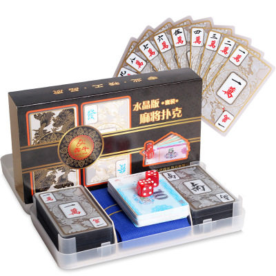 Crystal Mahjong Playing Cards Full Plastic Mini Travel Mahjong Solitaire Set Send Tablecloth Chip Coins 2 Dice