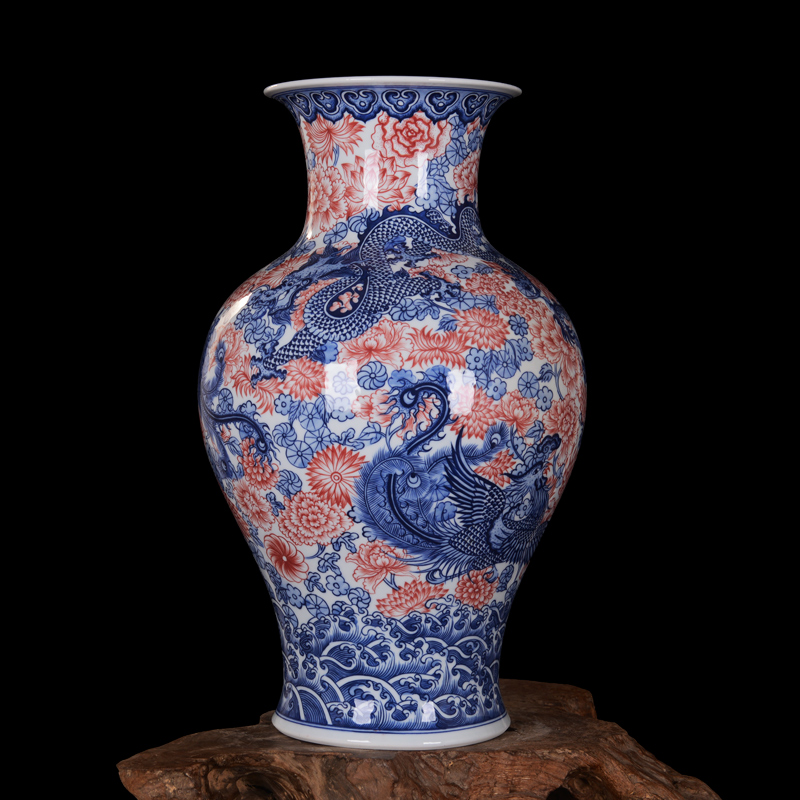 Jingdezhen high - end antique hand - made blue - and - white ceramics longfeng vase furnishing articles sitting room decoration home decoration process