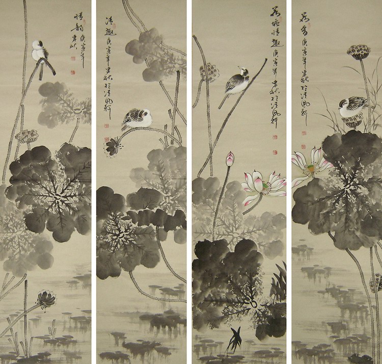 (painting and calligraphy painting and calligraphy) Wang Jianqiu National Painting Flower Bird Four Screen Water Ink Lotus Flowers A (Four-ruler Screen)
