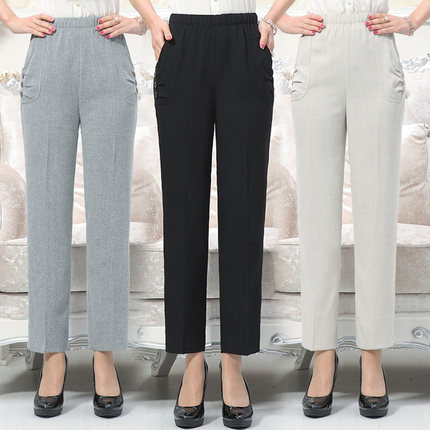 中老年女裤九分裤直筒松紧高腰妈妈装宽松