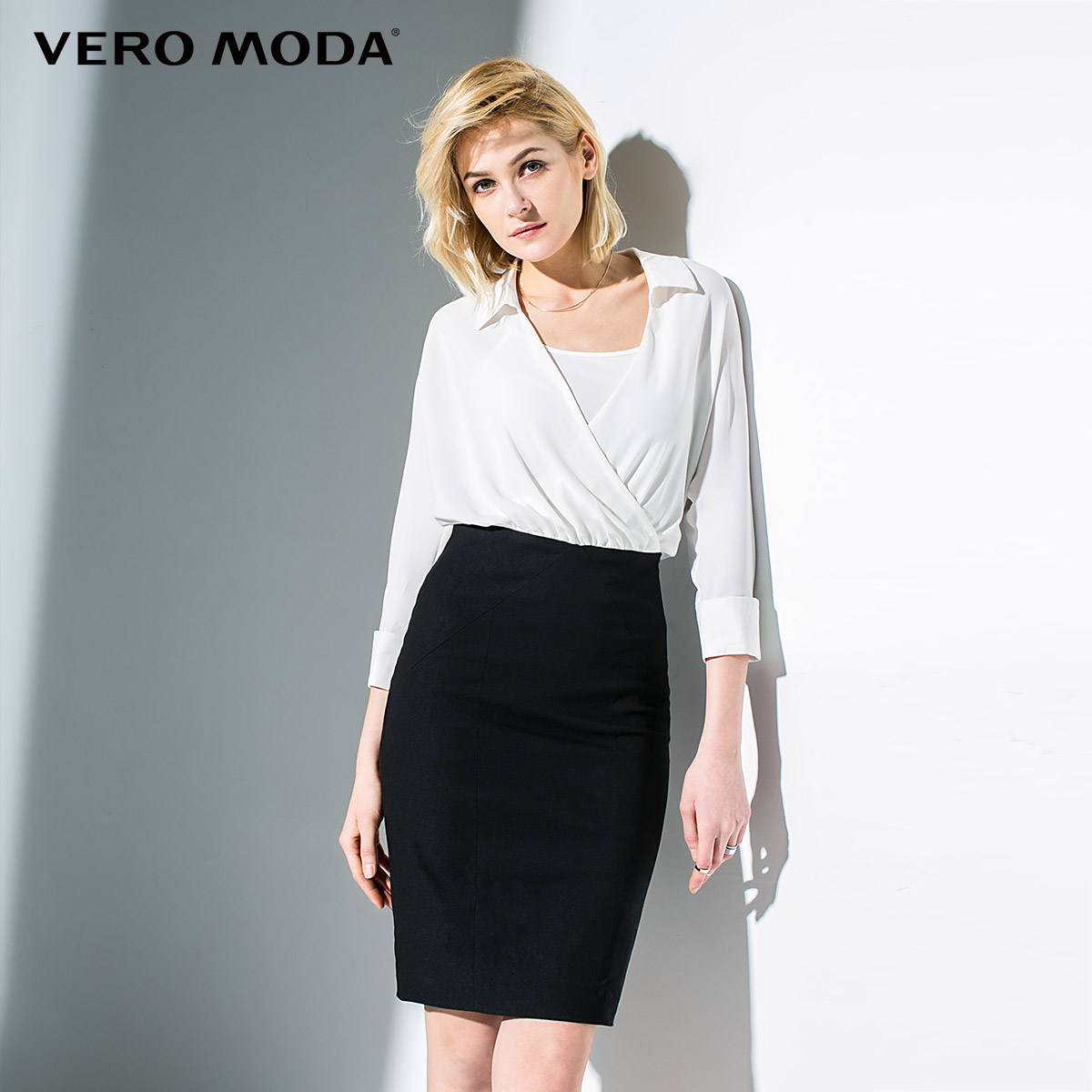 用券后599元Vero ModaV领七分袖雪纺拼接包臀连衣裙|31617C031