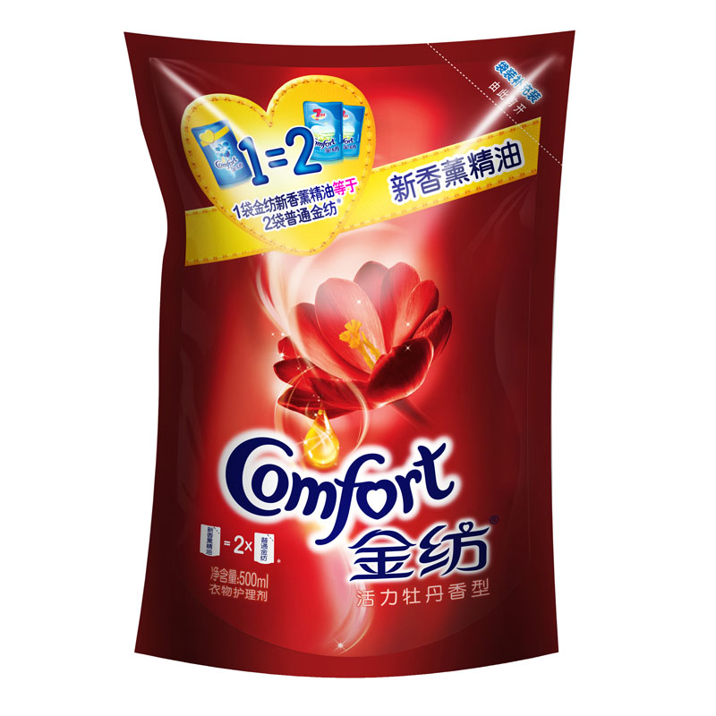 正品 金纺新香薰精油柔顺剂活力牡丹型衣物护理剂袋装500ml