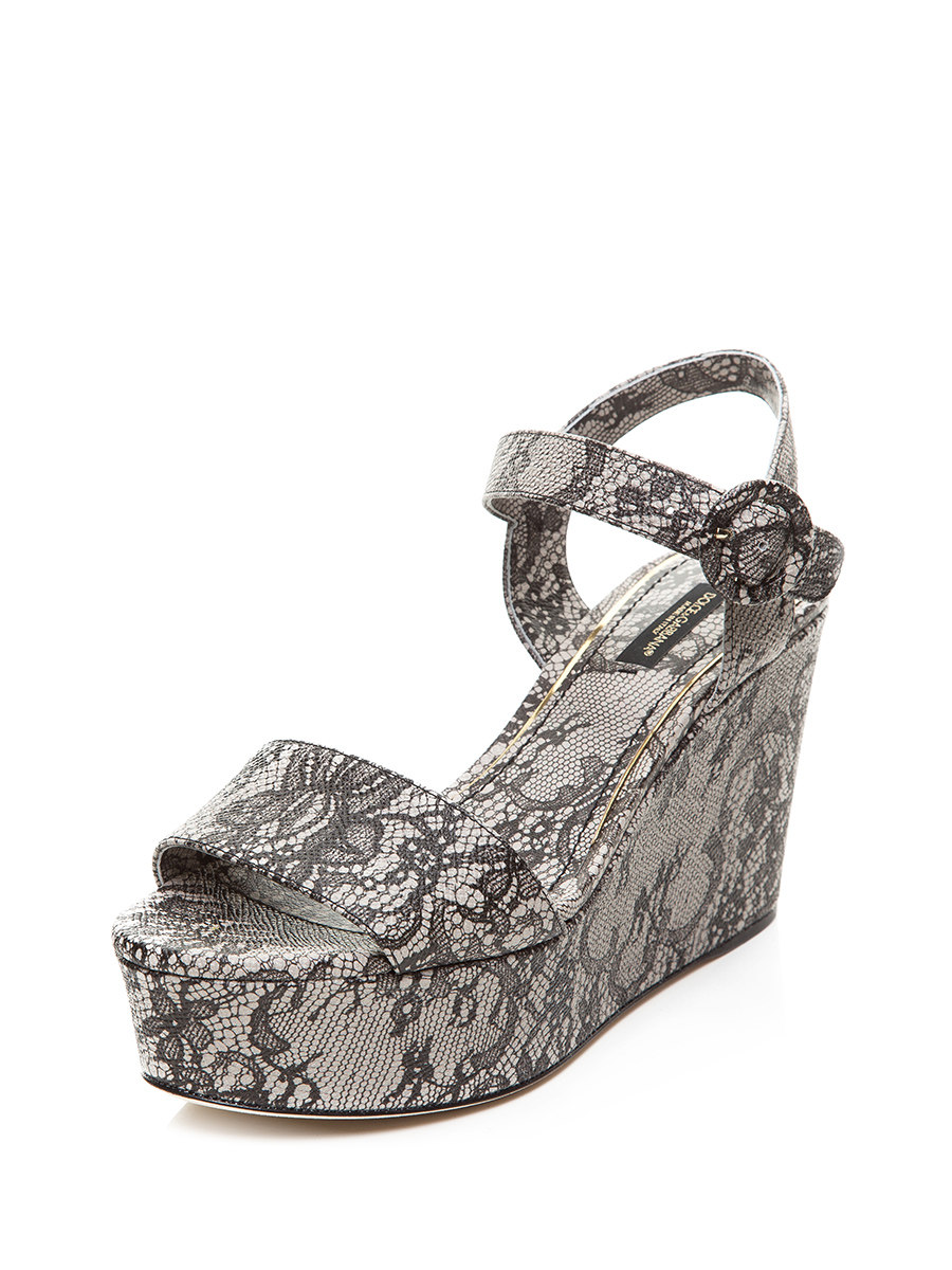 Dolce&Gabbana 白底黑蕾丝厚底坡跟凉鞋