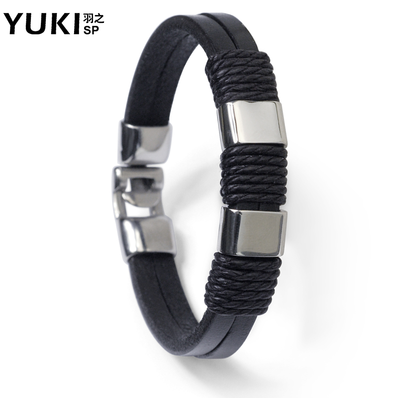 YUKI男士手链 韩版潮人时尚手饰品 牛皮制钛钢手环 送男生的礼物