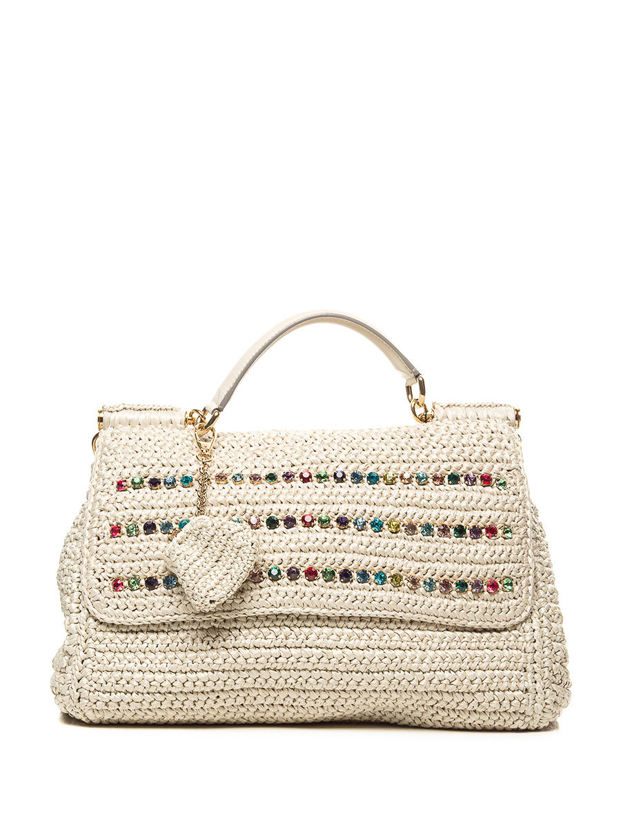 Dolce&Gabbana 白色草编纹彩色晶钻翻盖手提肩包