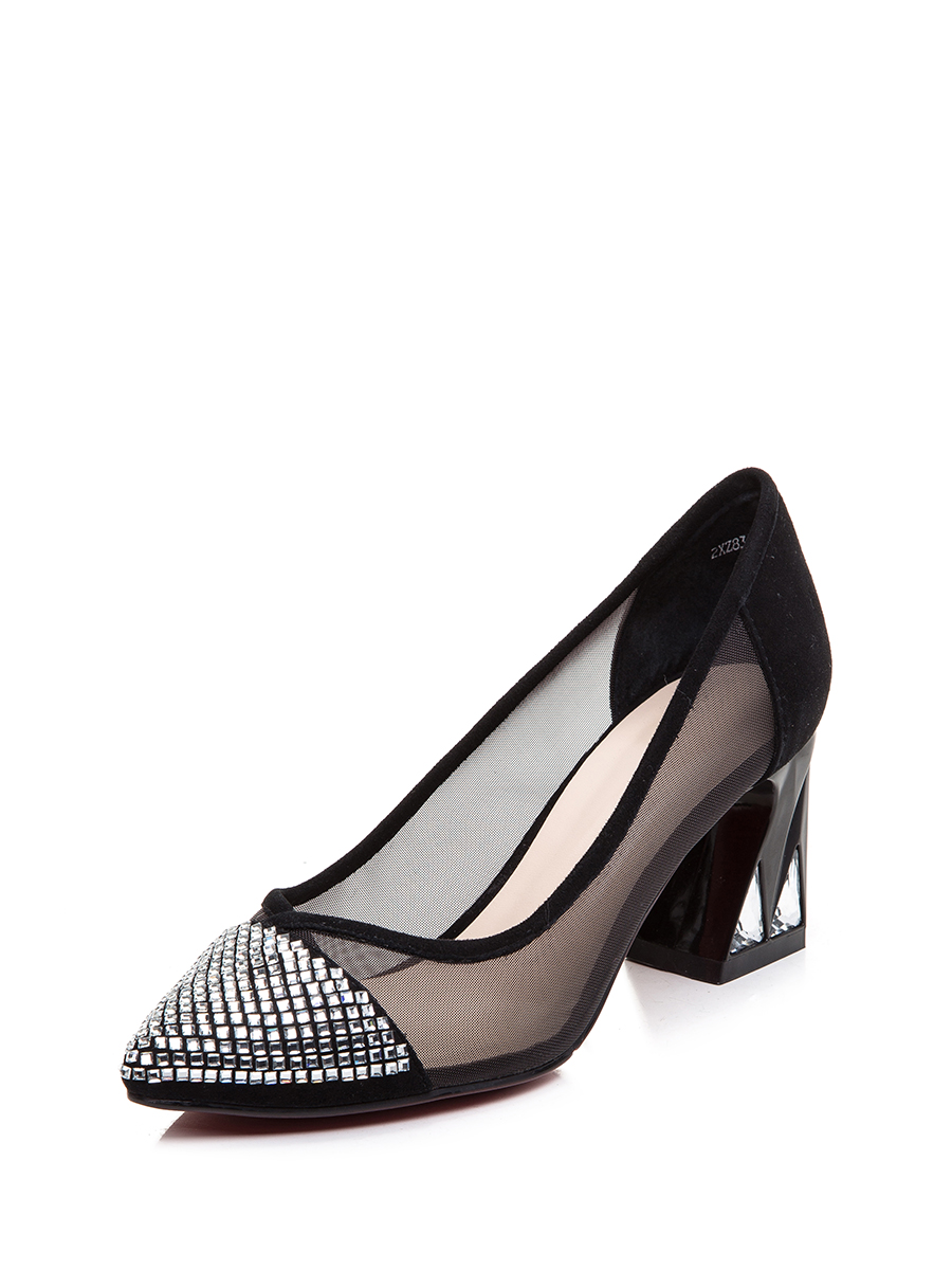 TRANOI 黑色网纱晶钻饰尖头马蹄低跟鞋