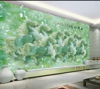 Ceramic tile background wall Jade carving living room TV wall Ceramic tile jade carving background wall painting modern Chinese horse to success