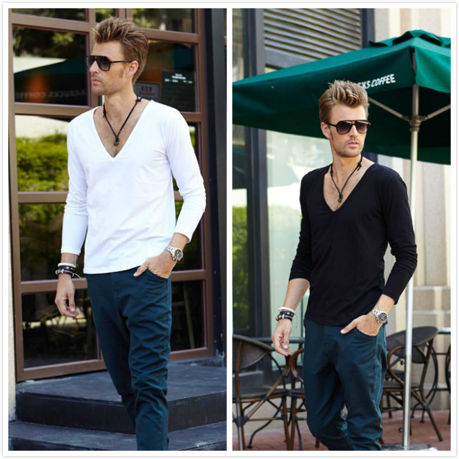 Autumn and Winter Men's Deep V-Neck Long-Sleeved T-Shirt, Men's Large V-Neck Simple Pure Cotton Base Shirt, Elastic Slim Fit Low-Neck