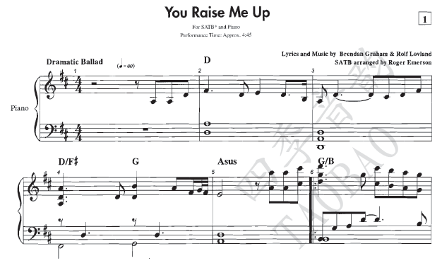 You Raise Me Up mixed chorus score & piano accompaniment score