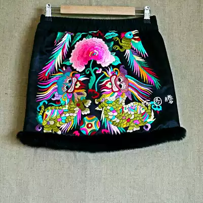 Cloud decoration totem original women's short skirt ethnic style hand-embroidered unicorn plus cotton wool edge hip female skirt