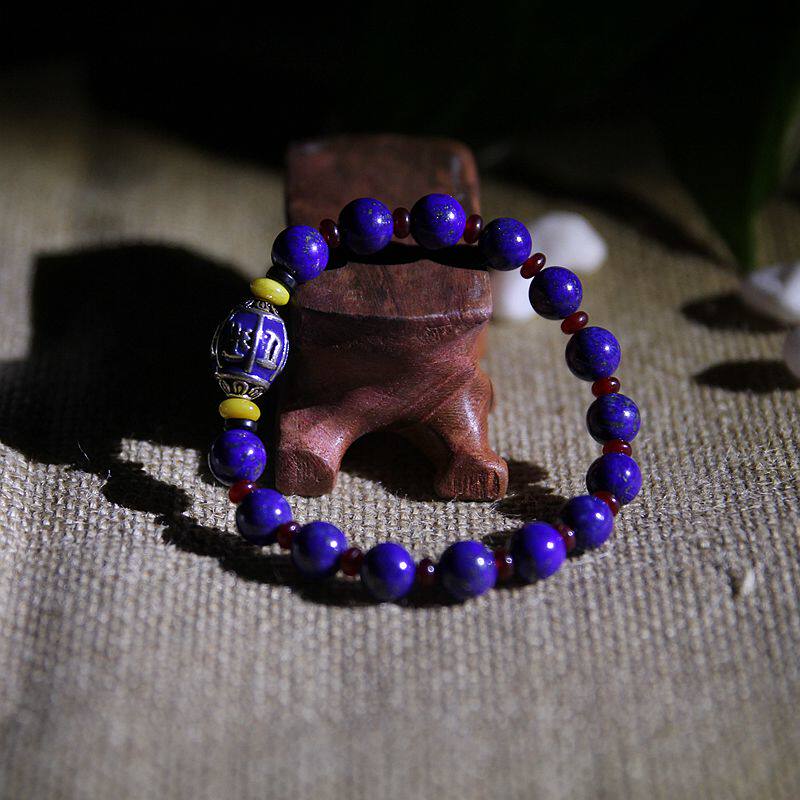 Pure Natural 4A Azure Gold Stone Handmade Women's Bracelet 8mm Agate Sterling Silver Six Word Truth Sky Blue Gemstone