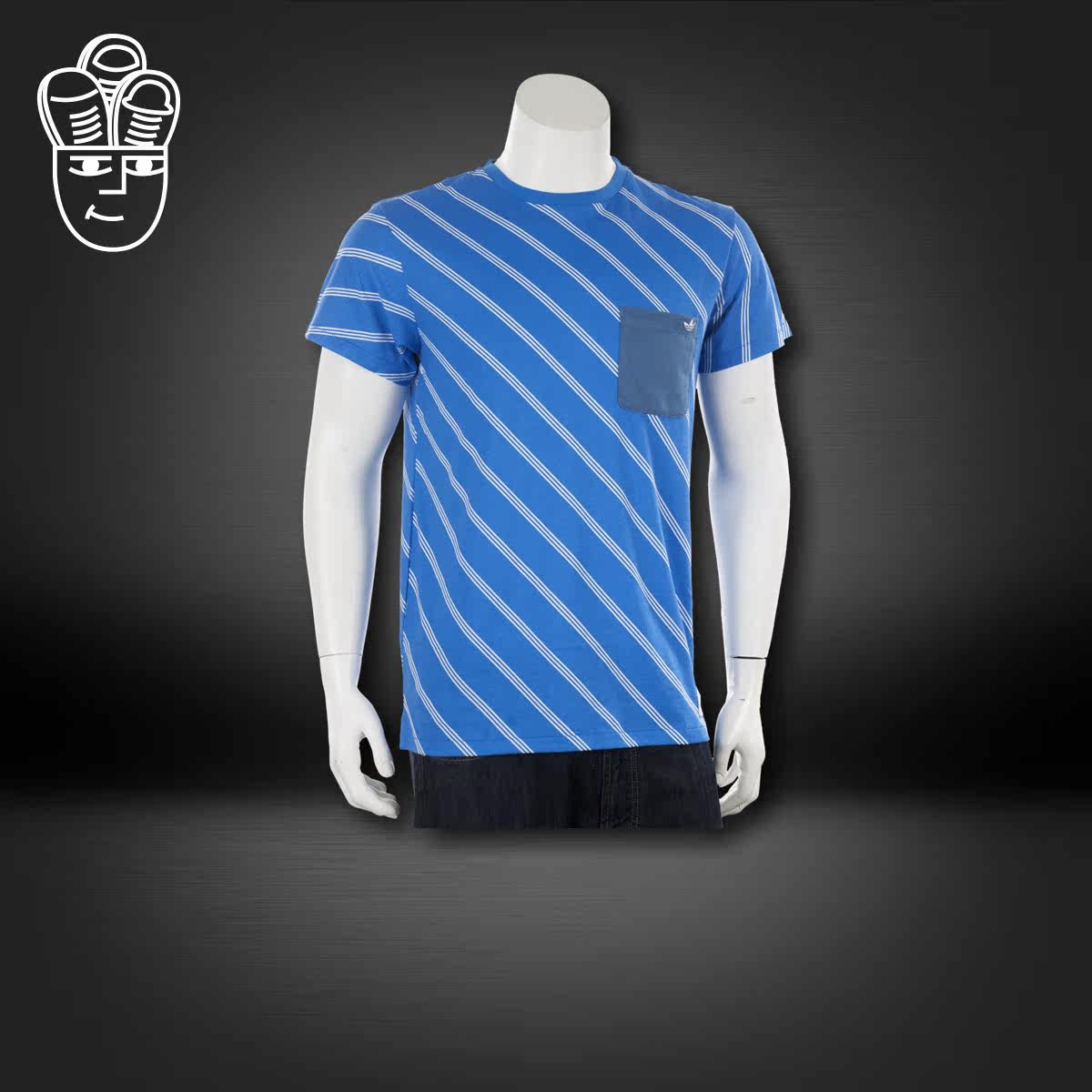 阿迪达斯 Adidas BW Border 三叶草 蓝色斜纹 男子圆领T恤 美版