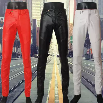 Tight-fitting leather pants men's slim feet Korean trend spring summer youth locomotive pu stitching red trousers