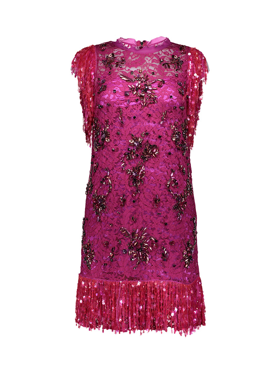 Dolce&Gabbana 玫红色圆领钉珠流苏饰蕾丝连衣裙