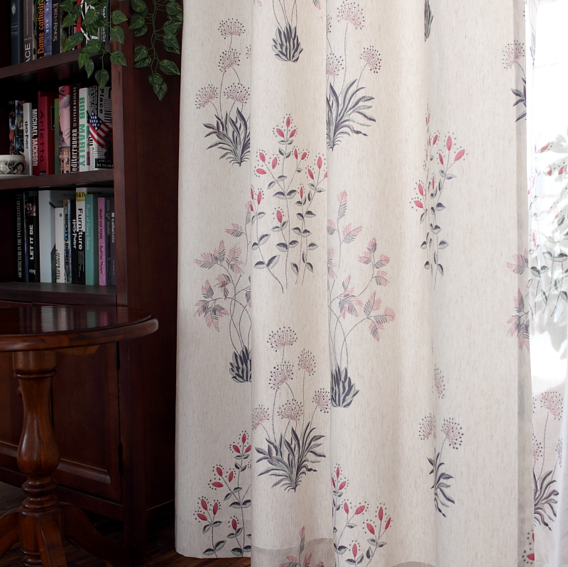 Small fresh American country vintage cotton linen printed curtains Bedroom Living room Study Linen Semi-shading seaweed