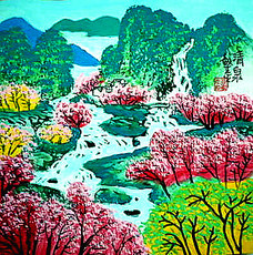 Рисунки акварелью и гуашью 清泉风景山水酒店饭店农村农家乐院子装饰户县农民画尺寸25x25cm