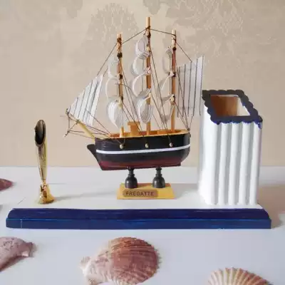 Mediterranean style solid wood sailing boat decoration fashion wooden craft gift decoration Wooden sailing pen holder Creative pen holder
