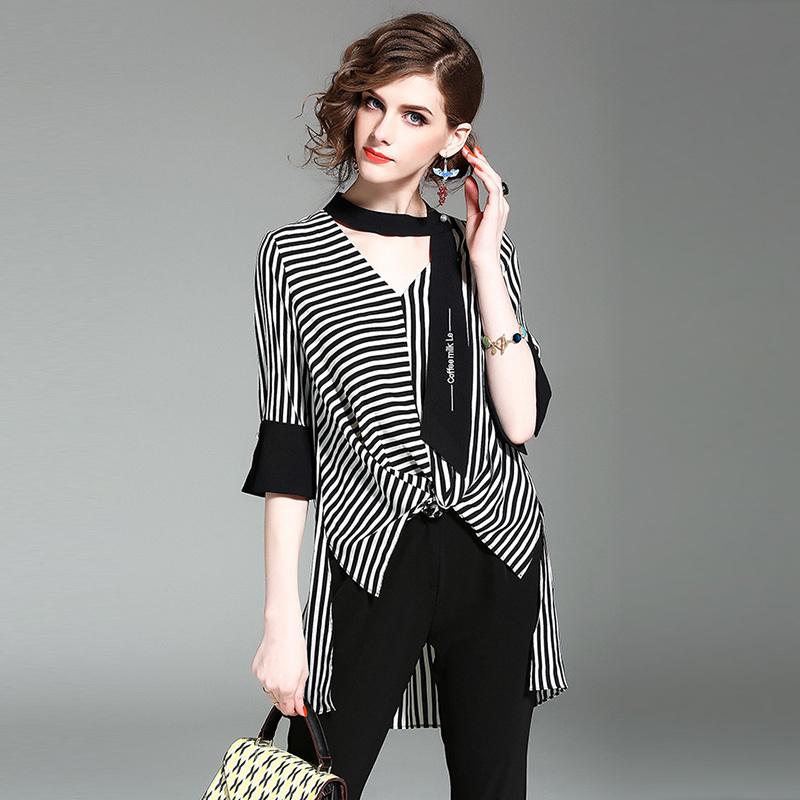 European Station Spring 2026 New Fashion V-Neck Striped Ribbon Mid-Length Loose Plus-Size Shirt Top for Women Autumn Trend