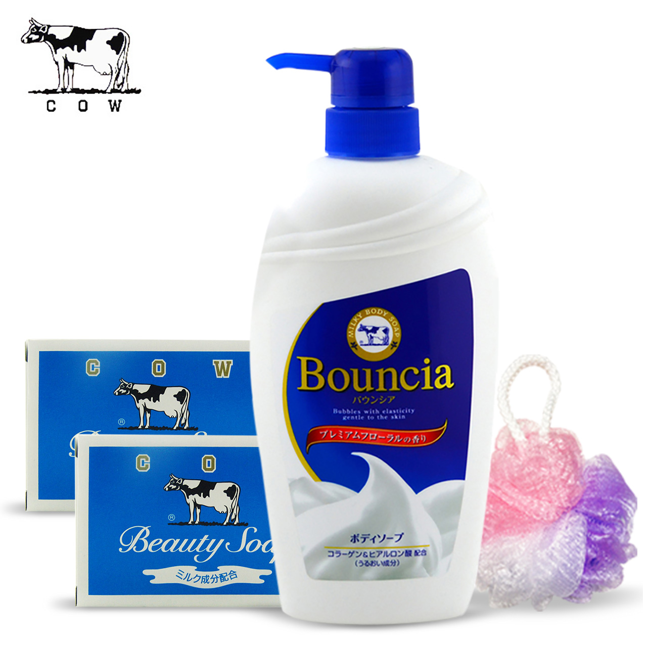 日本进口牛牌COW优雅花香沐浴露600ml+香皂*2