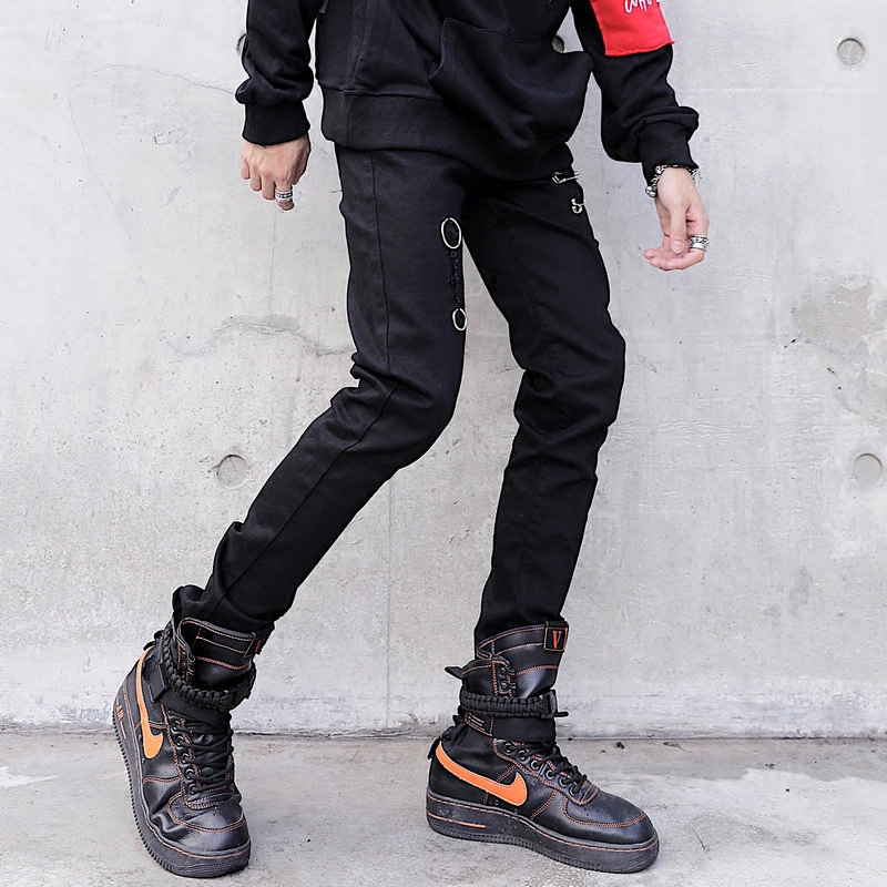 春秋季男士新款国潮铁环别针韩版潮流修身薄款休闲牛仔裤小脚裤子