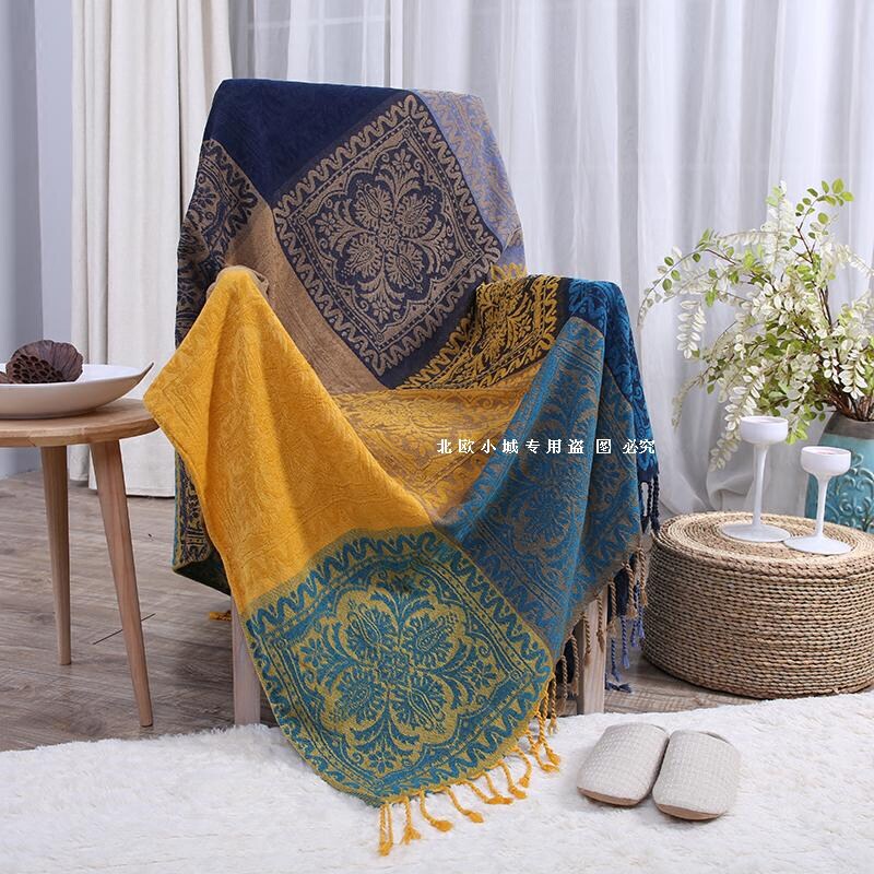 American country chenille cotton sofa blanket blue yellow vintage sofa back towel carpet blanket dust cover