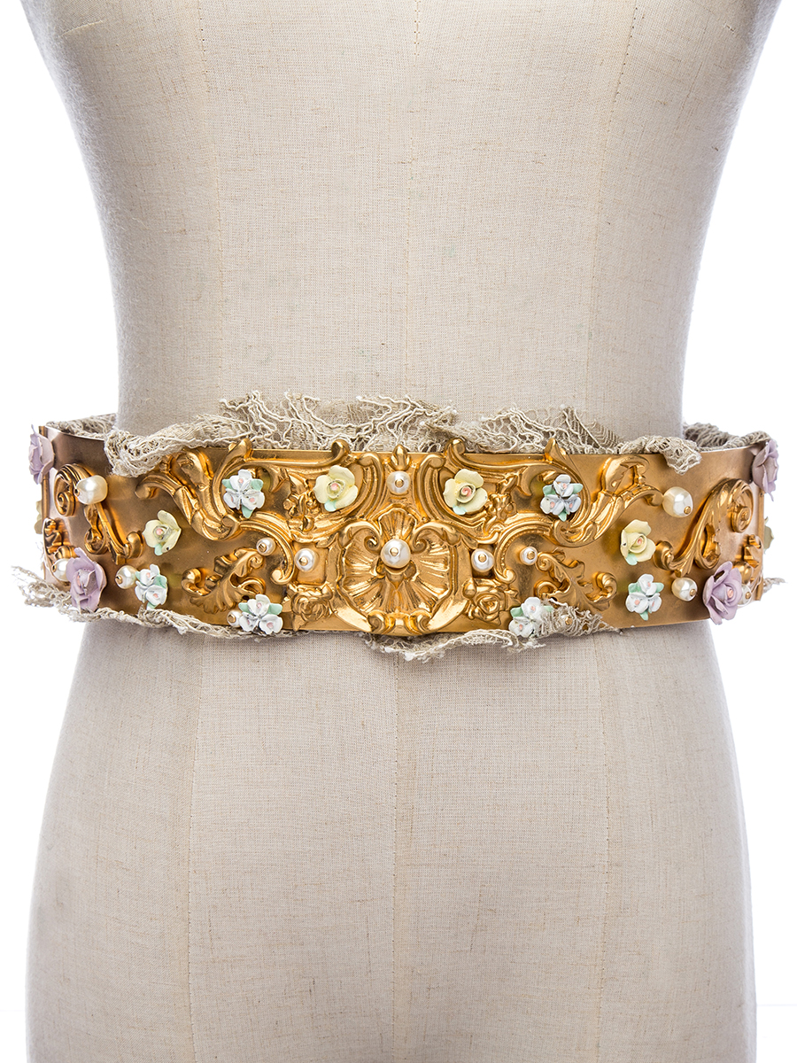 Dolce&Gabbana 彩花拼米蕾丝边金色宽腰带
