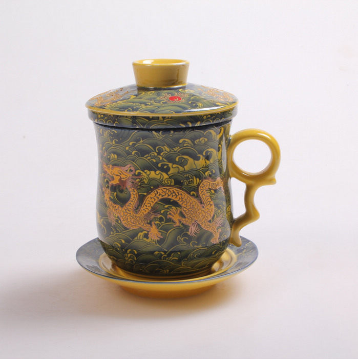 Ceramic Tea Cup Ceramic Personal Cup Office Tea Set Set Ceramic Tea Sea Tea Cup Gold Dragon Wave Four-piece Set