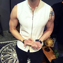 Summer fitness trendsetter sleeveless T-shirt casual stand-up collar waistcoat Korean version of the trend slim cotton and linen training vest