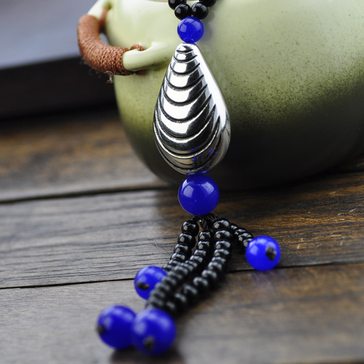 Original handmade beaded ethnic style blue agate Miao silver necklace sweater chain women vintage Chinese style jewelry
