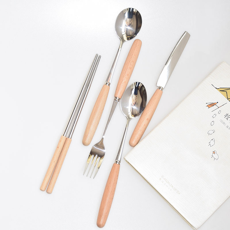 Big cat Japanese-style portable beech wood handle knife fork spoon chopsticks stainless steel western tableware cute dessert spoon fruit fork