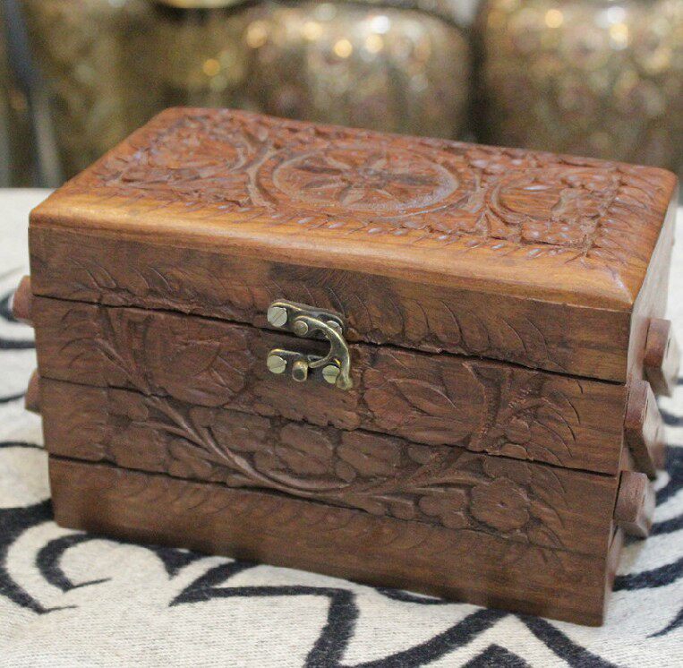 Pakistani Handicrafts 8 inch creative vintage three-layer folding jewelry box wood carving